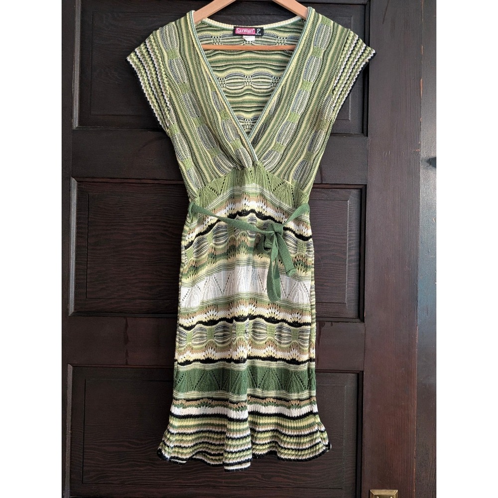 VTG Say What? Green Geometric Pointelle Knit V-Neck Empire Waist Dress small